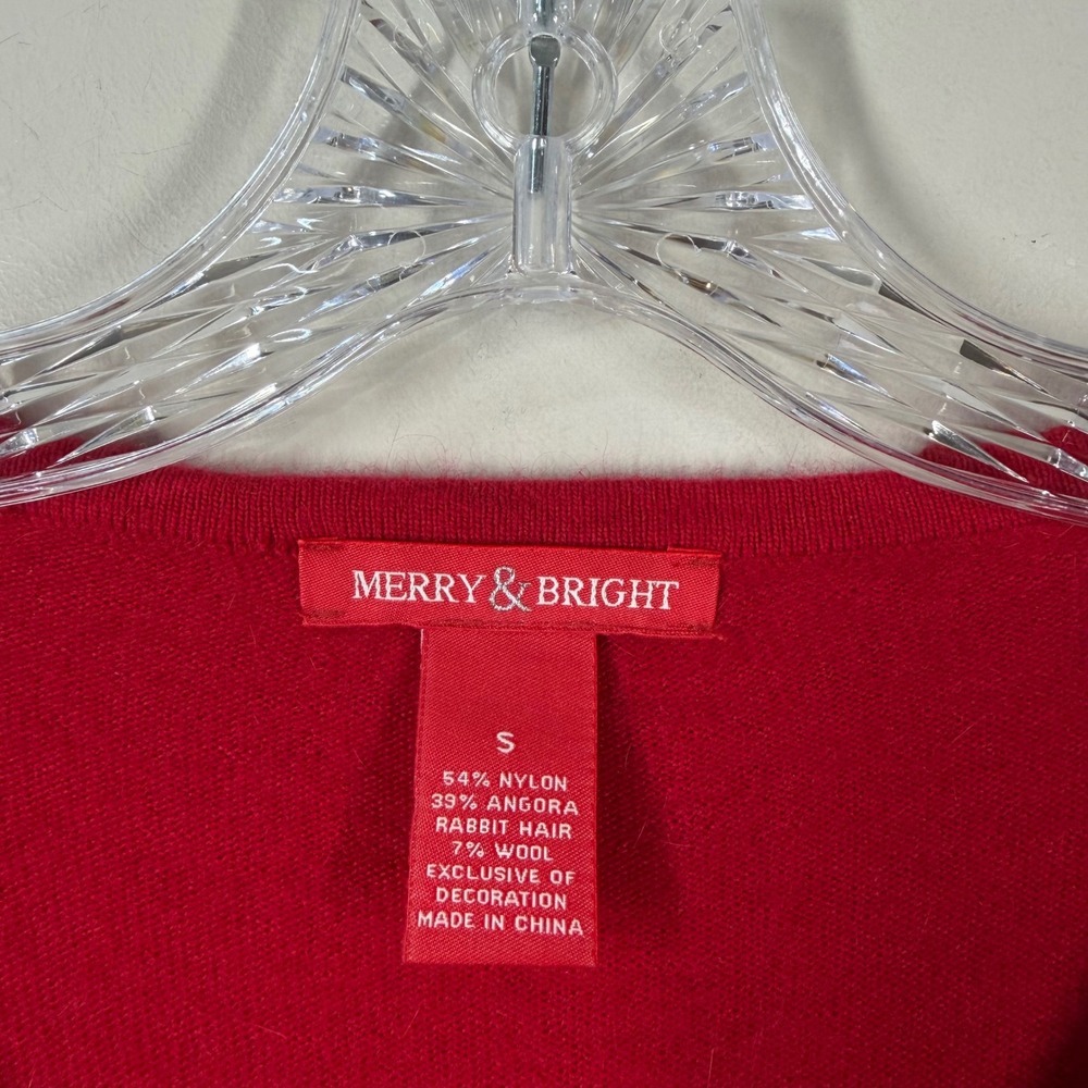 Merry & Bright Red Angora Wool Blend Holiday Ornament Sequin Cardigan Sweater S - Picture 3 of 13